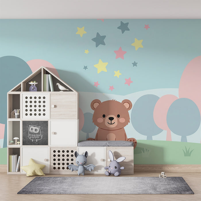Lastenhuoneen tapetti | Söpö karhu tähtitaivaan alla