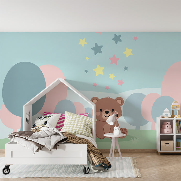 Lastenhuoneen tapetti | Söpö karhu tähtitaivaan alla