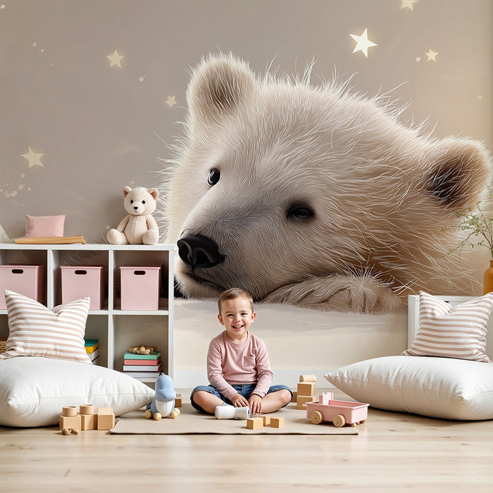 Papel de parede quarto bebê | Urso fofo sob um céu estrelado