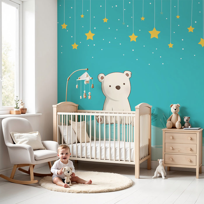 Papel de perete cameră bebeluși | Ursuleț drăguț sub un cer cu stele
