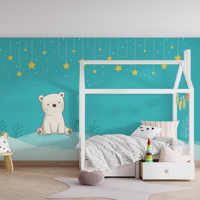 Papel de perete cameră bebeluși | Ursuleț drăguț sub un cer cu stele