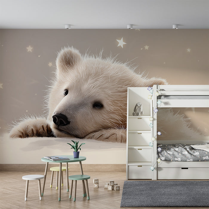 Papel de parede quarto bebê | Urso fofo sob um céu estrelado