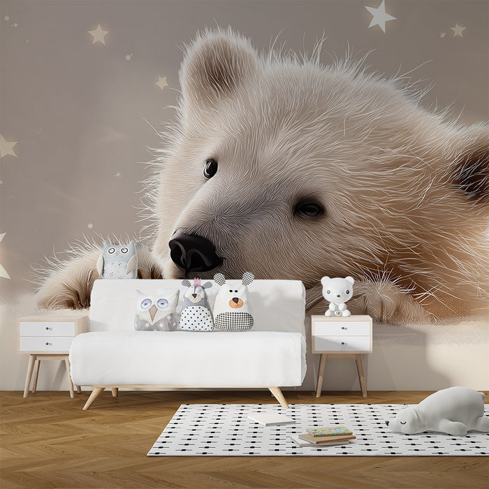 Papel de parede quarto bebê | Urso fofo sob um céu estrelado