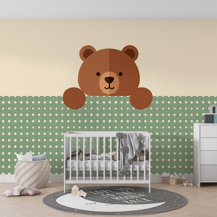 Baba szobai tapéta | Aranyos mackó zöld pöttyös háttérrel