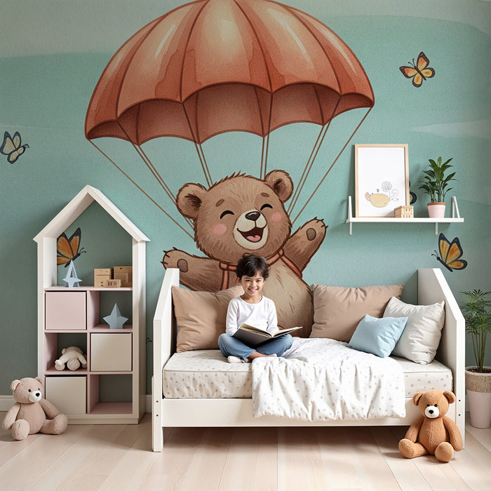 Papier peint chambre bébé | Ourson parachutiste et papillons