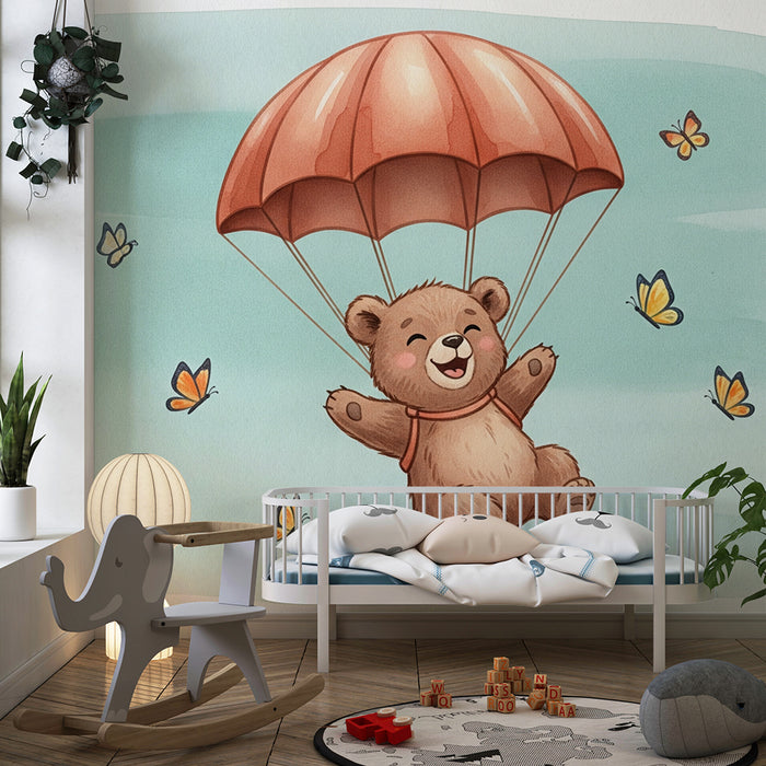 Papier peint chambre bébé | Ourson parachutiste et papillons