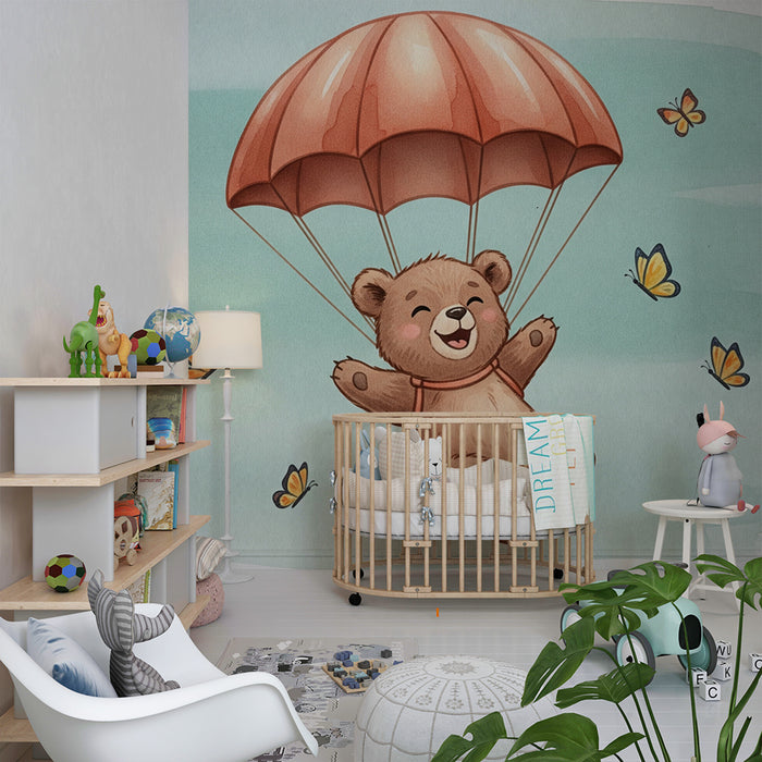 Papier peint chambre bébé | Ourson parachutiste et papillons