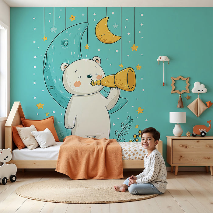 Babykamer behang | Dromende beer onder een sterrenhemel