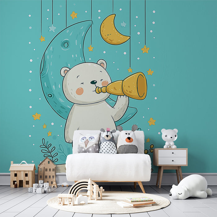 Babykamer behang | Dromende beer onder een sterrenhemel