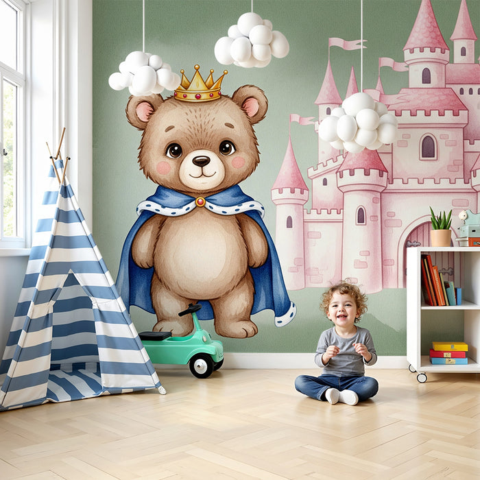 Papel pintado infantil | Oso rey y castillo mágico