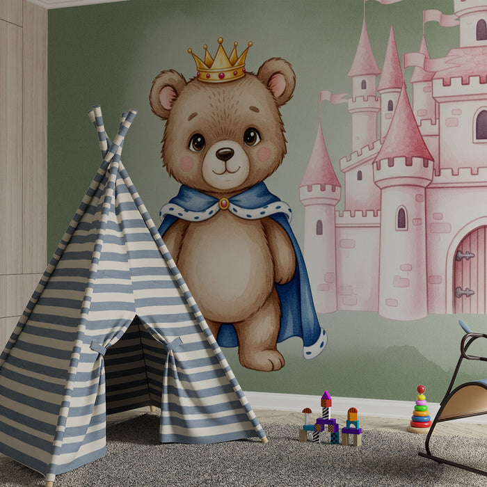Papel pintado infantil | Oso rey y castillo mágico