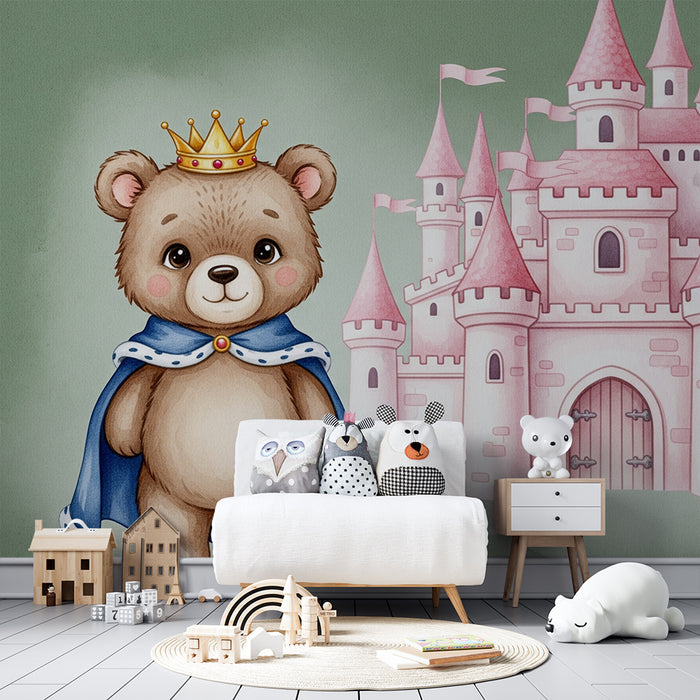 Papel pintado infantil | Oso rey y castillo mágico