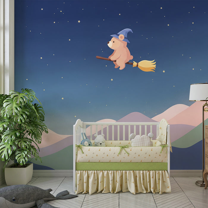 Lastenhuoneen tapetti | Taikurin karhu luudalla tähtitaivaalla