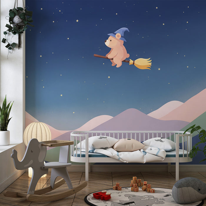 Lastenhuoneen tapetti | Taikurin karhu luudalla tähtitaivaalla