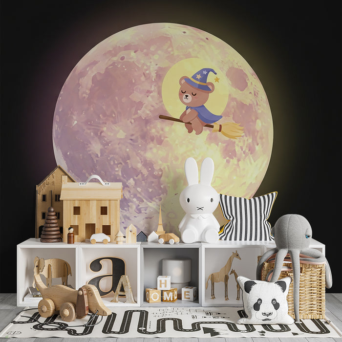 Lastenhuoneen tapetti | Taikurin karhu luudalla kuun edessä