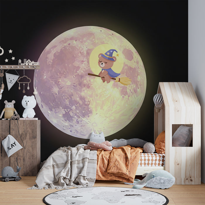 Lastenhuoneen tapetti | Taikurin karhu luudalla kuun edessä