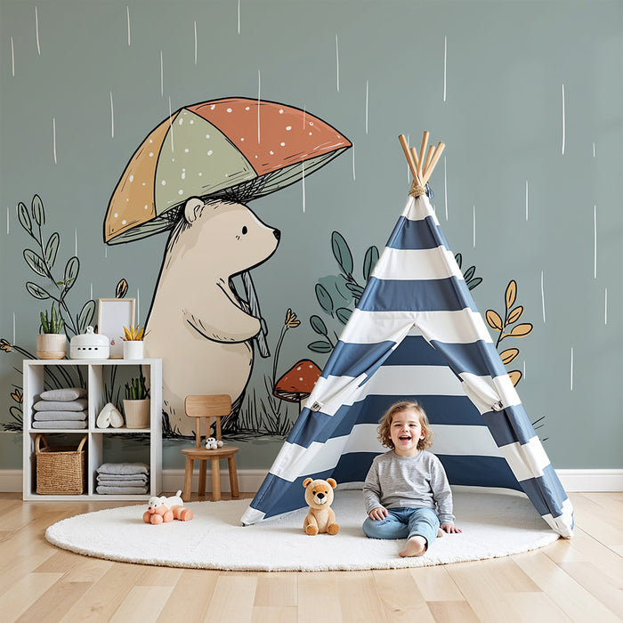Babyzimmer Tapete | Bär im Regen mit buntem Regenschirm