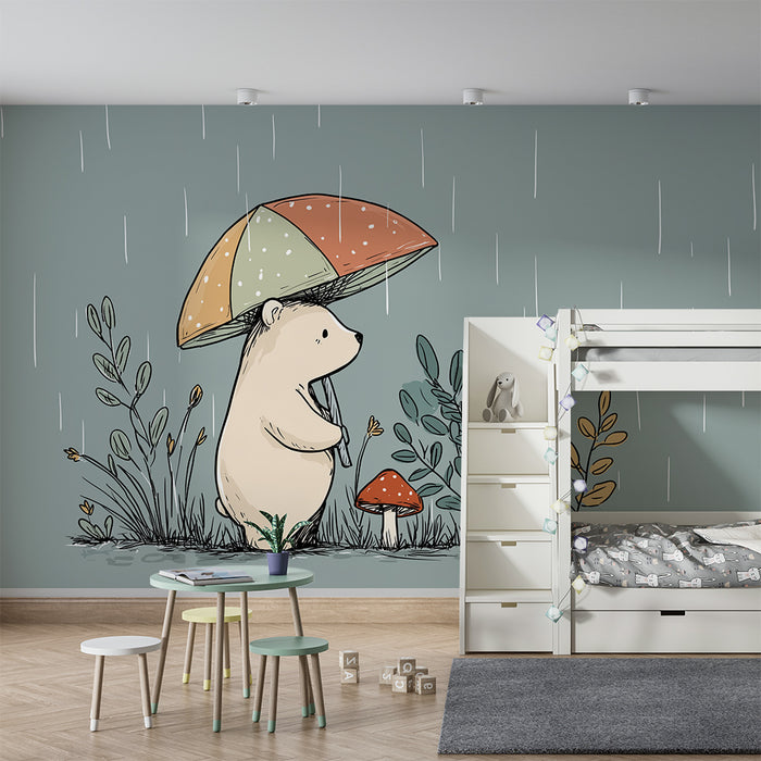 Babyzimmer Tapete | Bär im Regen mit buntem Regenschirm