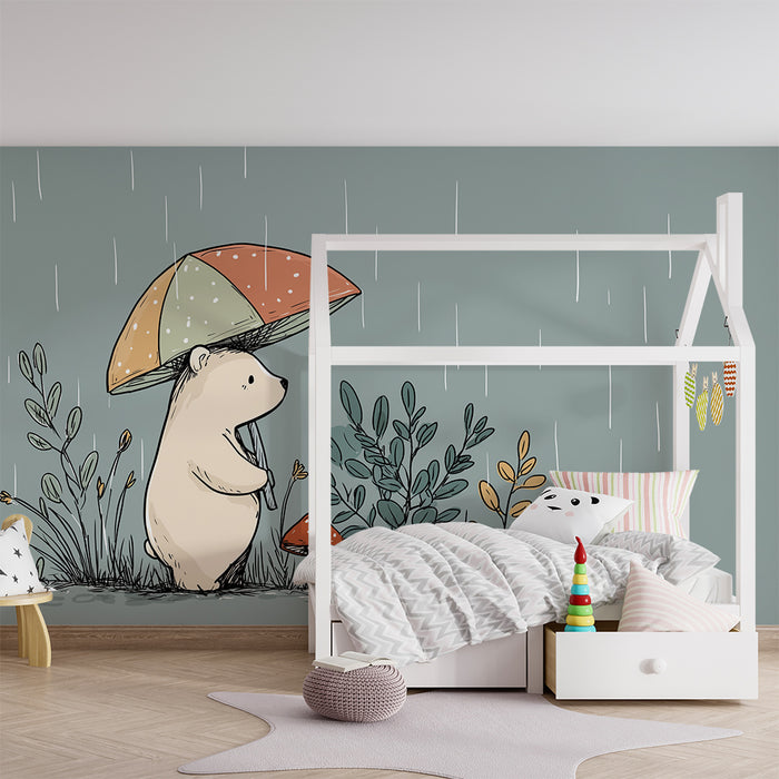Babyzimmer Tapete | Bär im Regen mit buntem Regenschirm