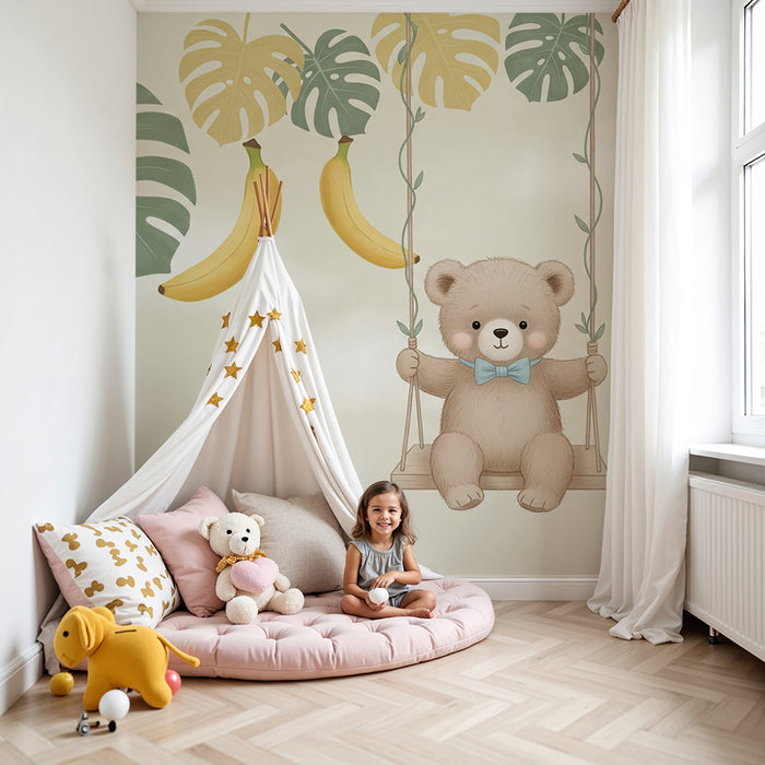 Papel de parede quarto bebê | Urso no balanço e bananas
