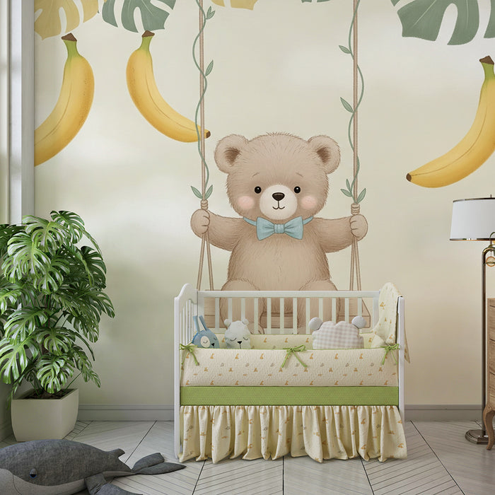 Papel de parede quarto bebê | Urso no balanço e bananas