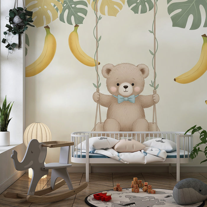Papel de parede quarto bebê | Urso no balanço e bananas