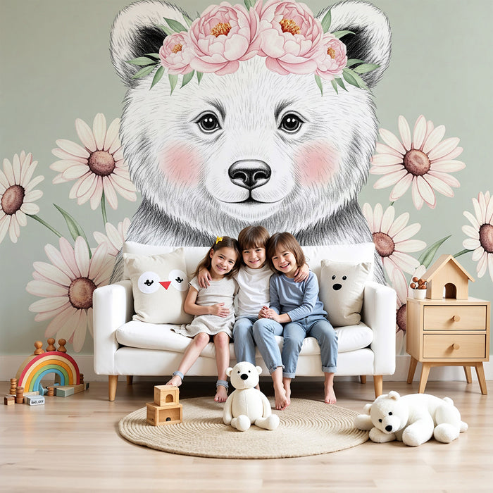 Papier peint chambre bébé | Ourson sur fond vert sauge