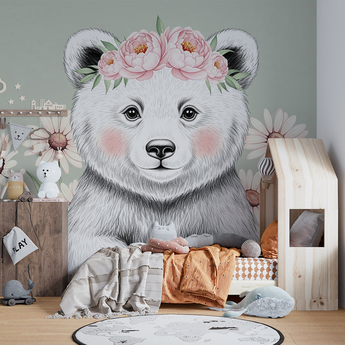 Papier peint chambre bébé | Ourson sur fond vert sauge