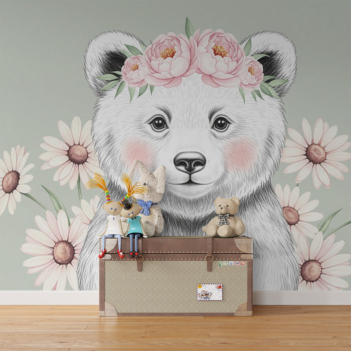 Papier peint chambre bébé | Ourson sur fond vert sauge