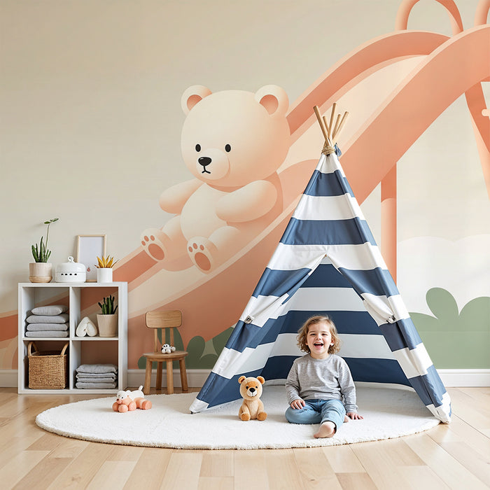 Papel de parede quarto bebê | Urso no escorrega em um jardim suave