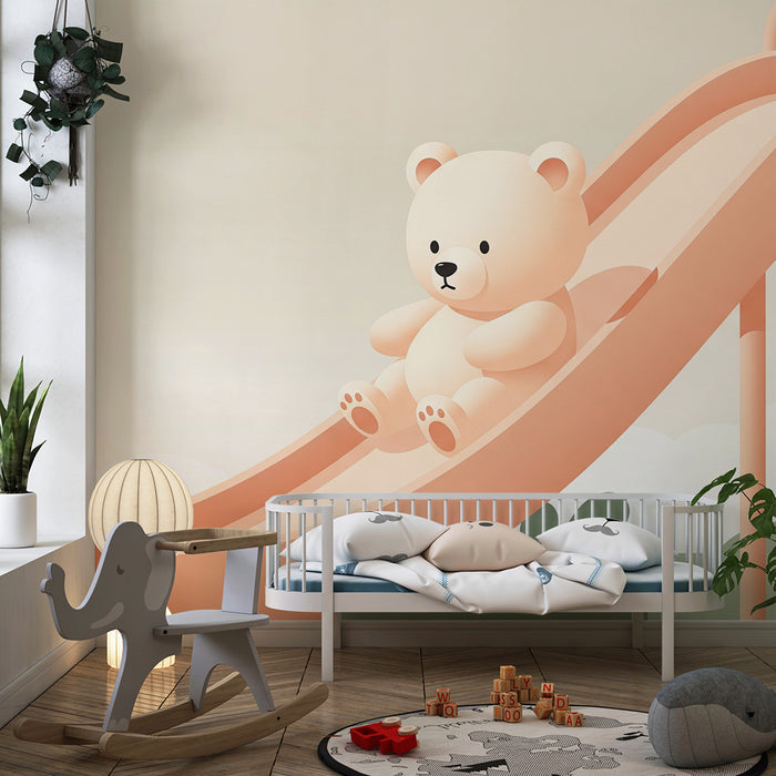 Papel de parede quarto bebê | Urso no escorrega em um jardim suave