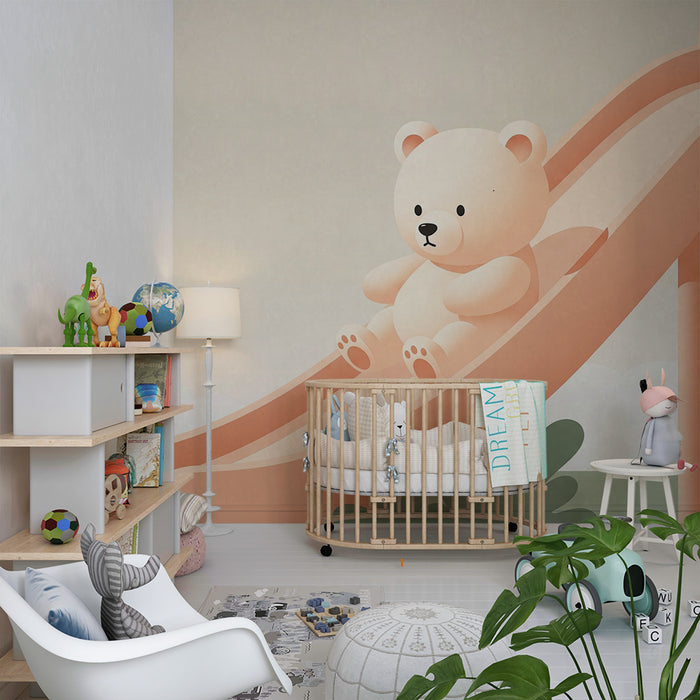 Papel de parede quarto bebê | Urso no escorrega em um jardim suave