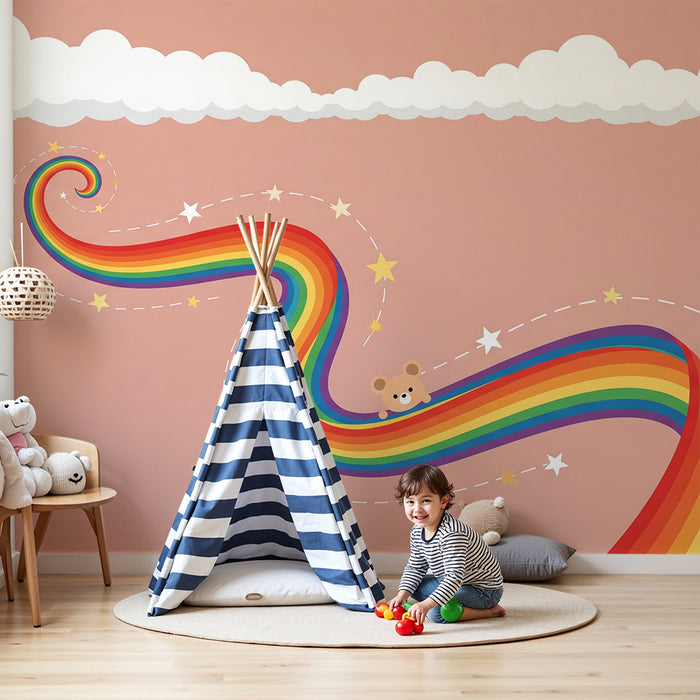 Babyzimmer-Tapete | Kleiner Bär auf buntem Regenbogen mit Sternen