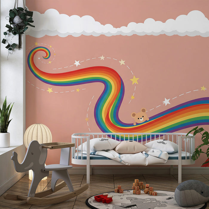 Babyzimmer-Tapete | Kleiner Bär auf buntem Regenbogen mit Sternen