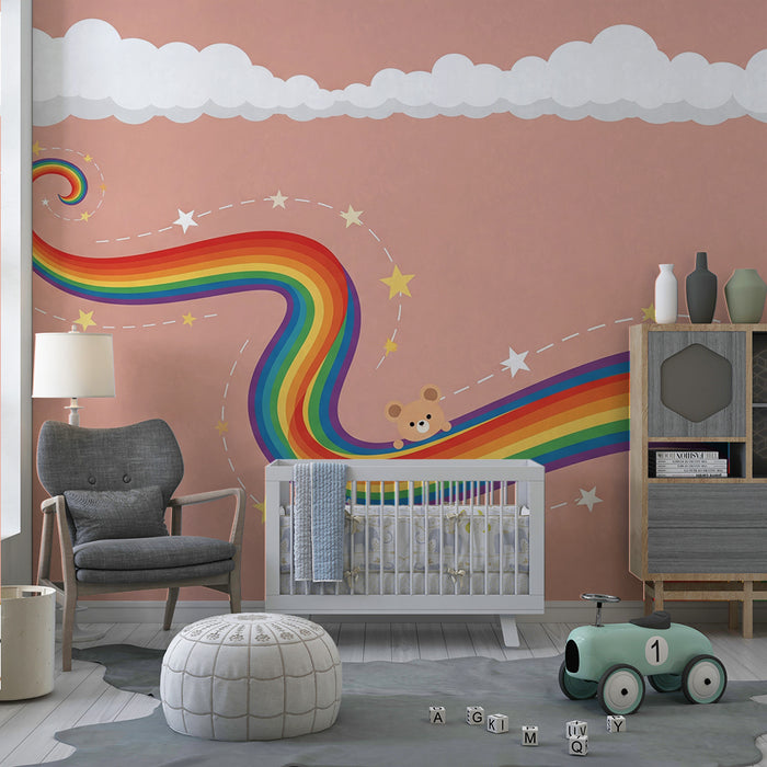 Babyzimmer-Tapete | Kleiner Bär auf buntem Regenbogen mit Sternen