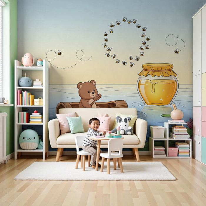 Papier peint chambre bébé | Ourson sur un lac avec fleurs et abeilles
