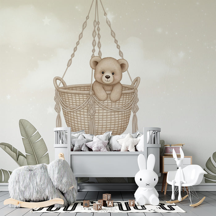 Papel pintado infantil | Oso suspendido y follaje tropical