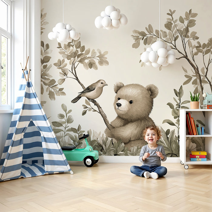 Babyzimmer Tapete | Zarter Bär und Vogel in einem ruhigen Garten