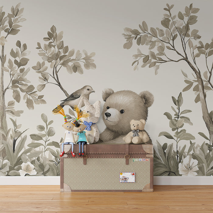 Babyzimmer Tapete | Zarter Bär und Vogel in einem ruhigen Garten
