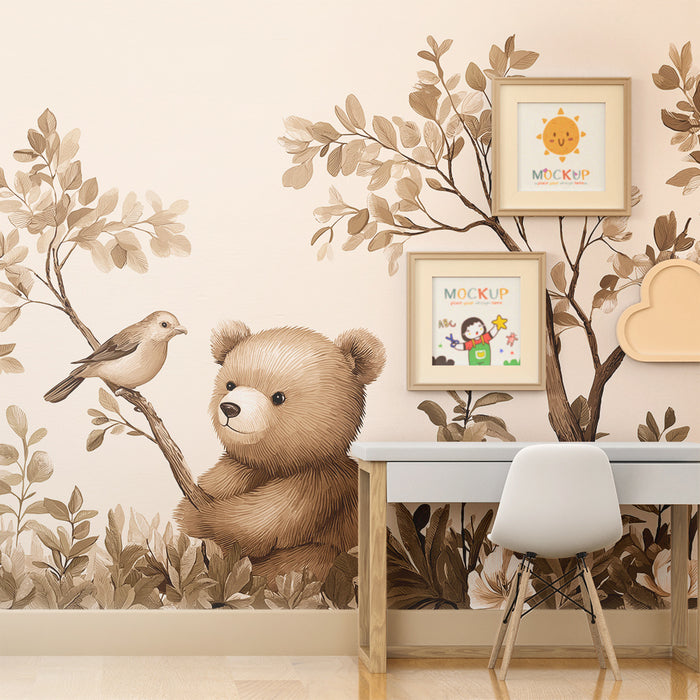 Babyzimmer Tapete | Zarter Bär und Vogel in einem ruhigen Garten
