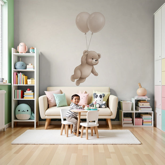 Papier peint chambre bébé | Ourson volant avec ballons