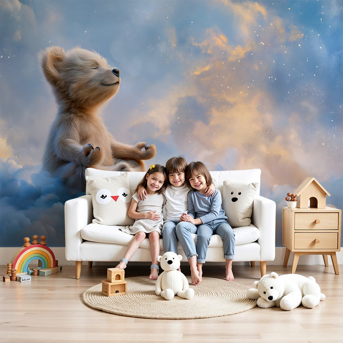 Papier peint chambre bébé | Ourson zen flottant dans les nuages