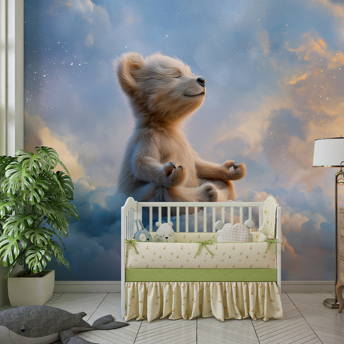 Papier peint chambre bébé | Ourson zen flottant dans les nuages