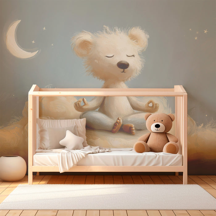 Papier peint chambre bébé | Ourson zen flottant sur un nuage