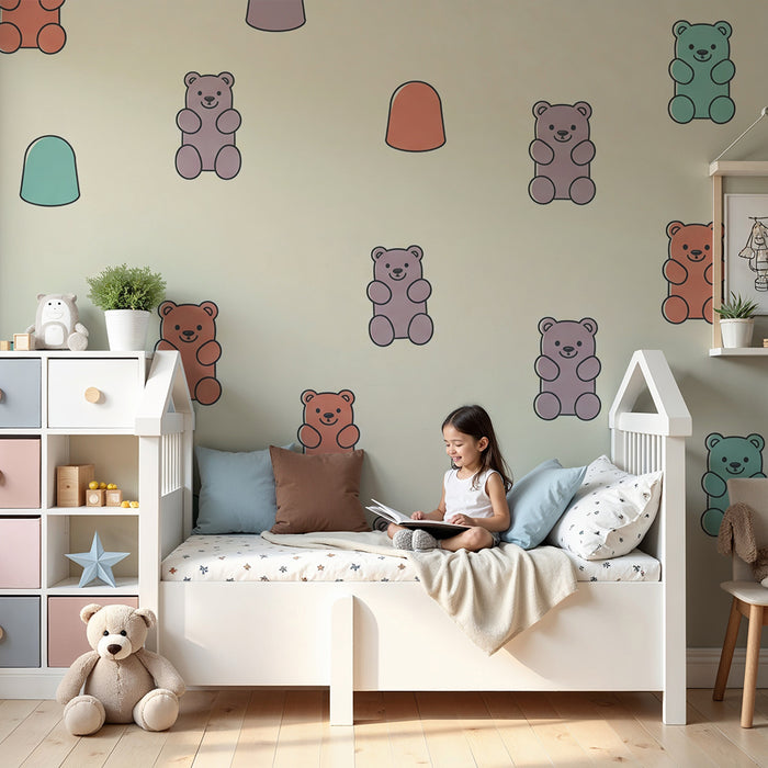 Papel de parede para quarto de bebé | Ursinhos coloridos e rebuçados sobre fundo suave