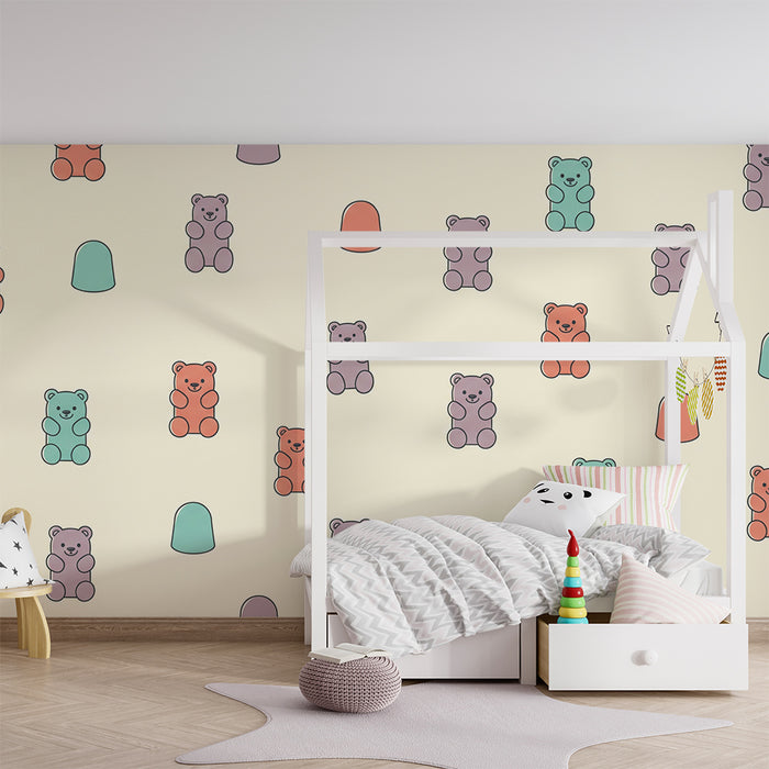Papel de parede para quarto de bebé | Ursinhos coloridos e rebuçados sobre fundo suave