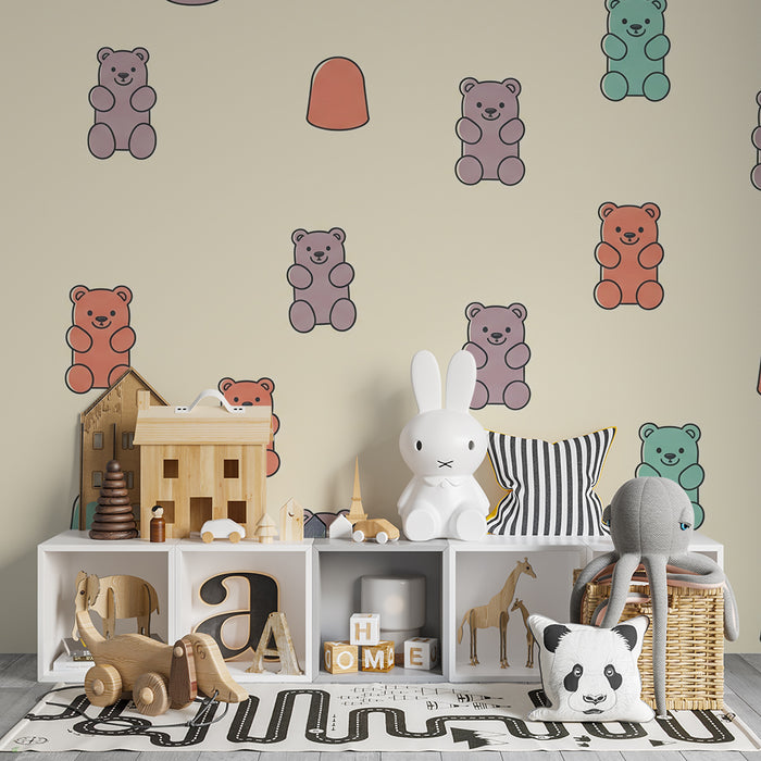 Papel de parede para quarto de bebé | Ursinhos coloridos e rebuçados sobre fundo suave