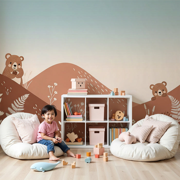 Papier peint chambre bébé | Oursons curieux dans un paysage doux et floral