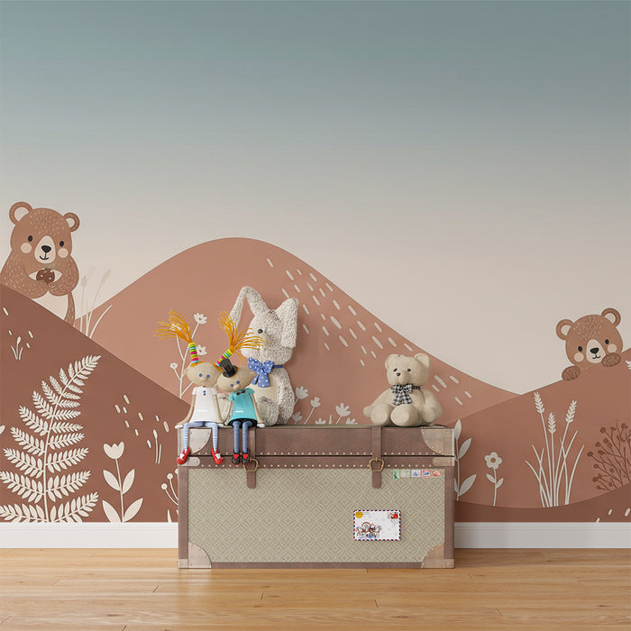 Papier peint chambre bébé | Oursons curieux dans un paysage doux et floral