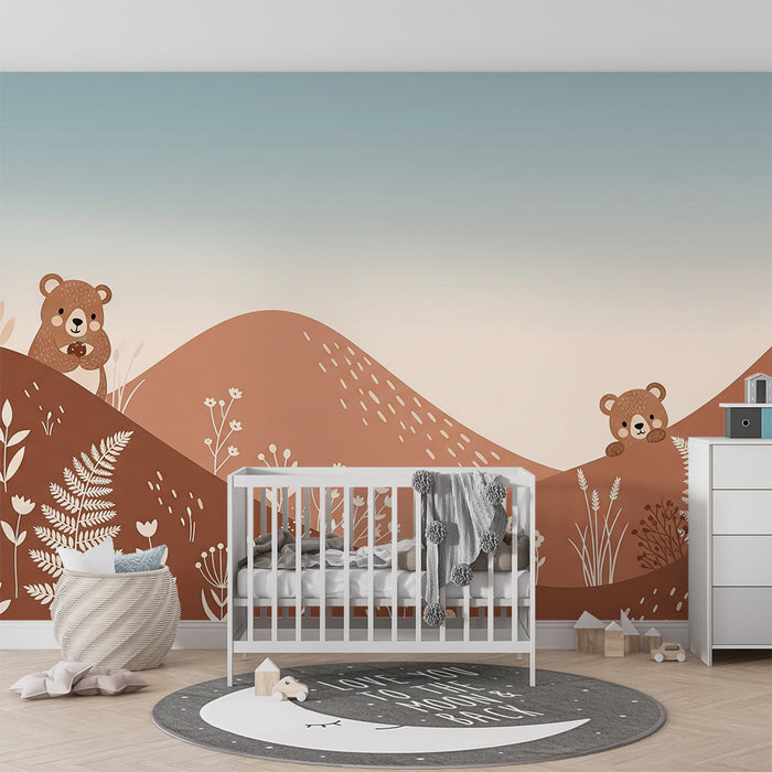 Papier peint chambre bébé | Oursons curieux dans un paysage doux et floral